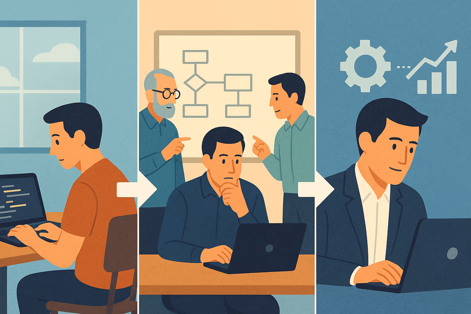 Developer reflecting on code architecture and design patterns