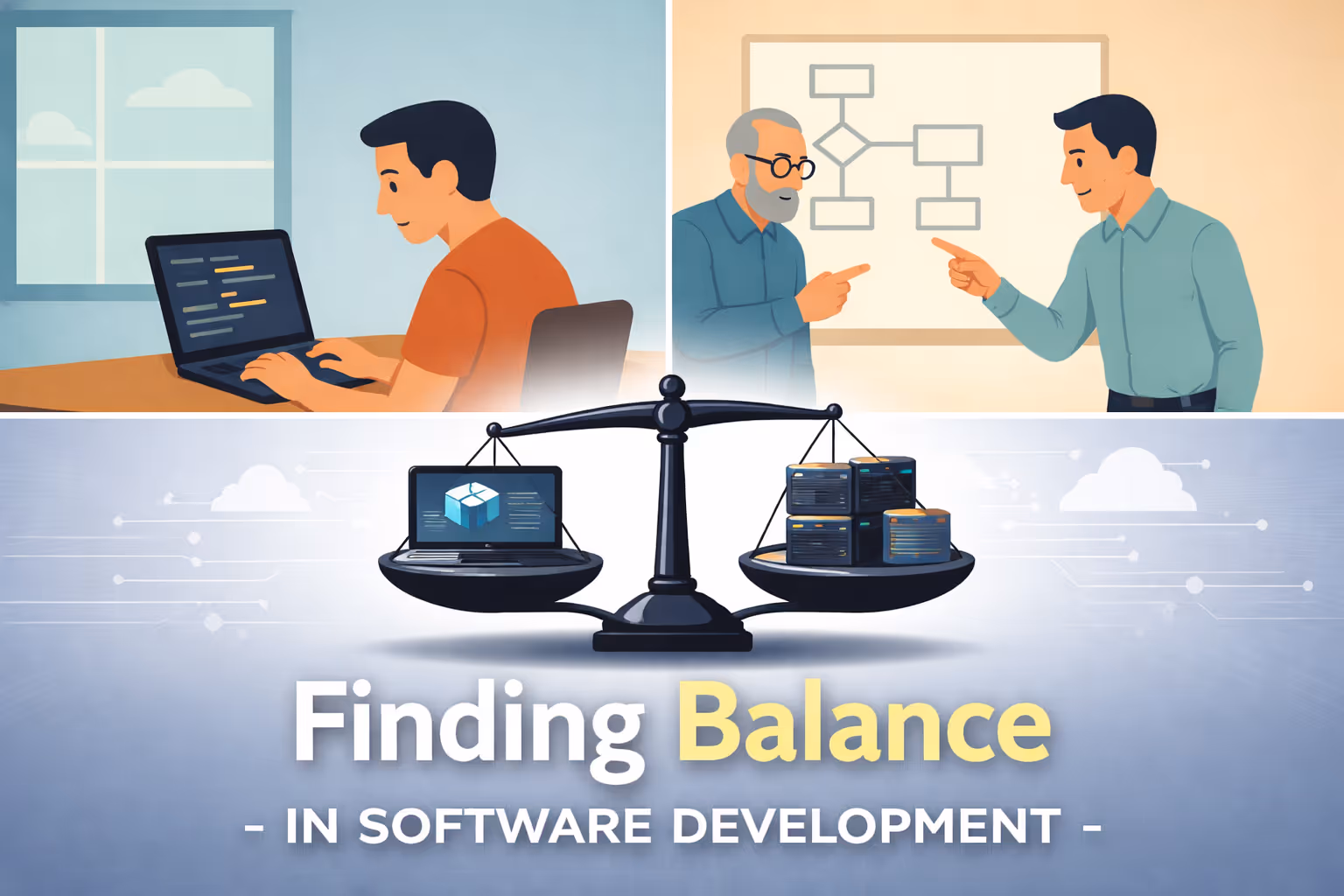 Developer reflecting on code architecture and design patterns